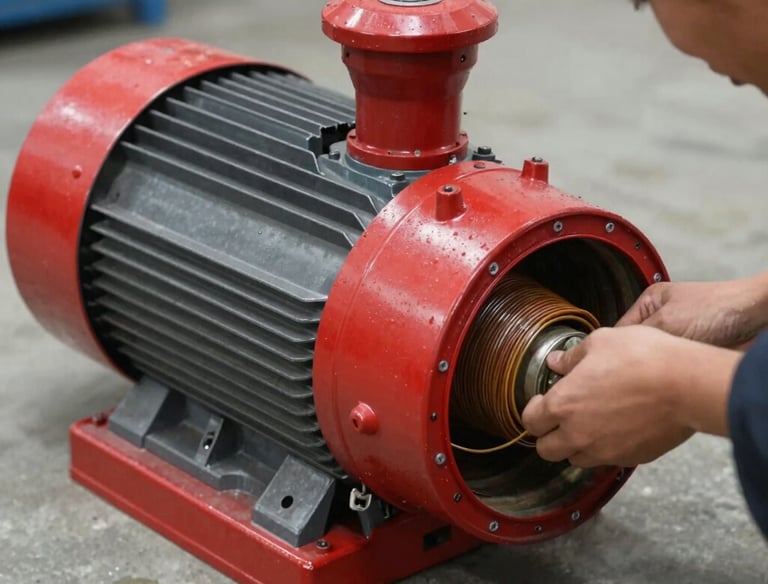 Close-up of industrial motor coils during the rewinding process.