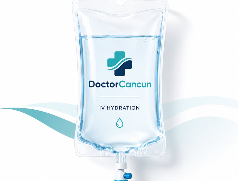 A medical IV hydration drip bag labeled Doctor Cancun with blue vitamin liquid against a white background.