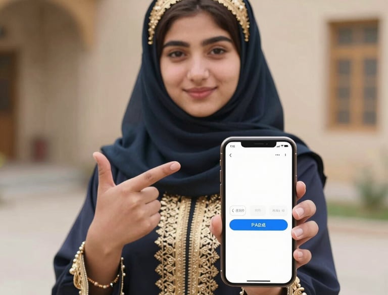 A smiling customer using a smartphone to book a service on the KarigarPro app.
