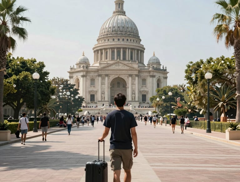 A traveler reading a detailed map in a bustling foreign market.