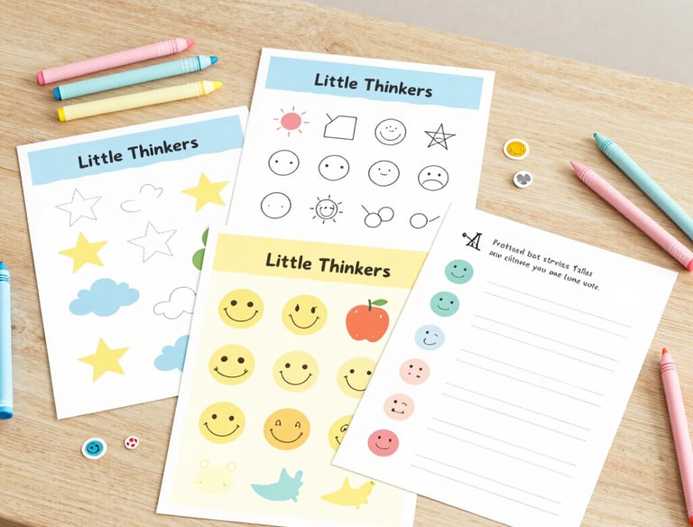 A cheerful child coloring with crayons surrounded by playful educational tools.