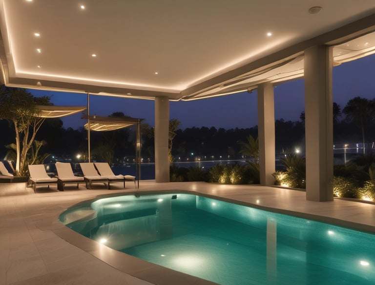 Underwater LED lights glowing softly in a renovated pool at dusk.