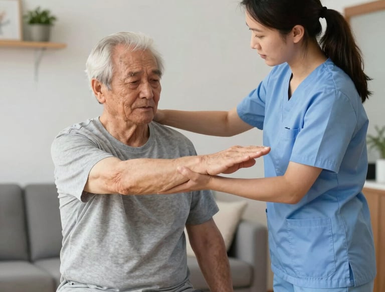 A specialist working patiently with a stroke survivor on coordination exercises in a peaceful home environment.