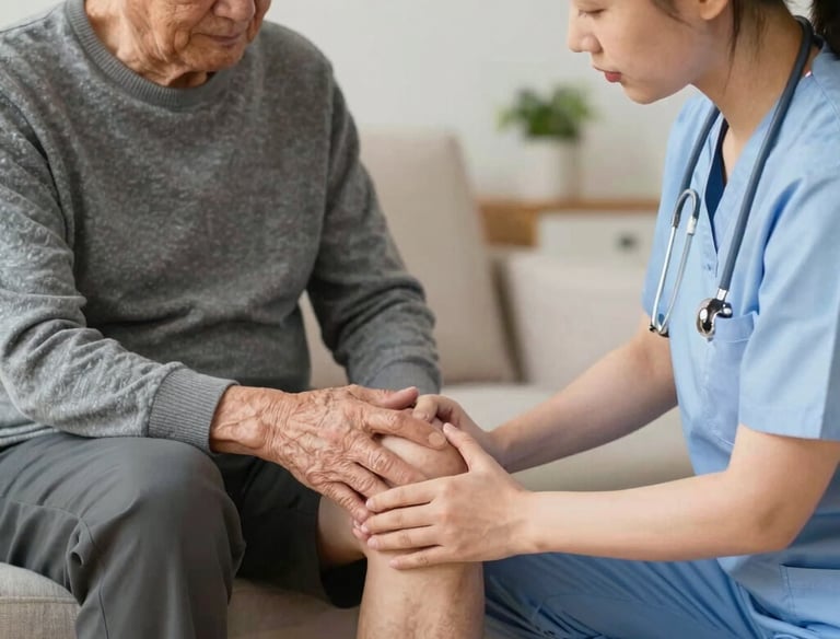 A physiotherapist guiding a patient through post-surgery leg stretches in a bright, home setting.