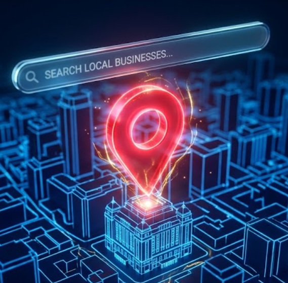 Digital Boost - Trinidad - red map pin on a digital 3D city grid with a local business search bar.
