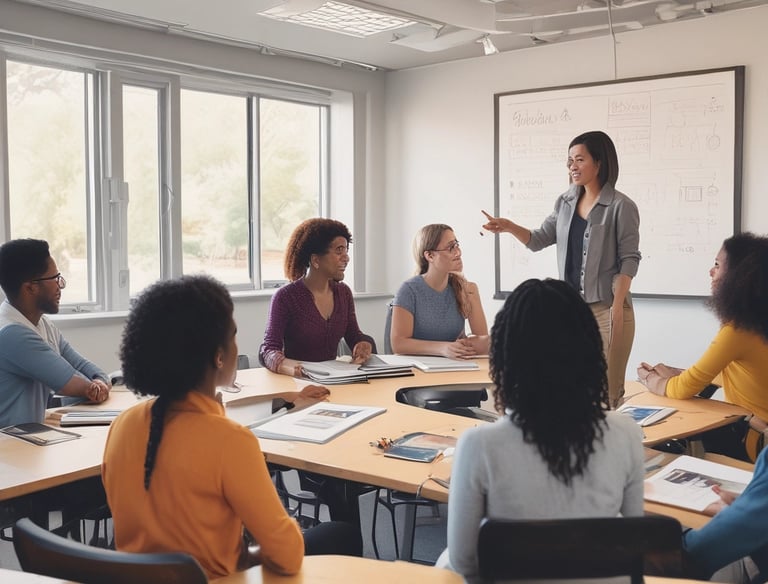 Woman in green dress presenting with projector screen projection screen.