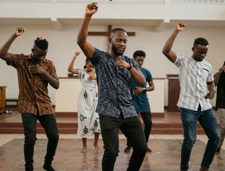 A diverse group of people watching a heartfelt church service video together.