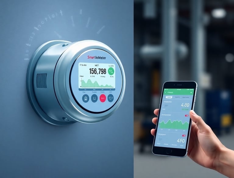 Рука, держащая смартфон перед настенным IoT счетчиком электроэнергии