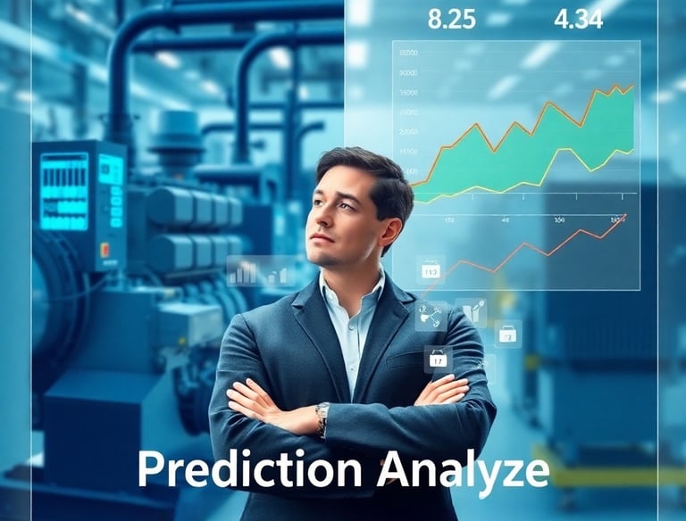 Мужчина в костюме и галстуке стоит перед большим экраном c предикативной аналитикой в индустрии 4.0