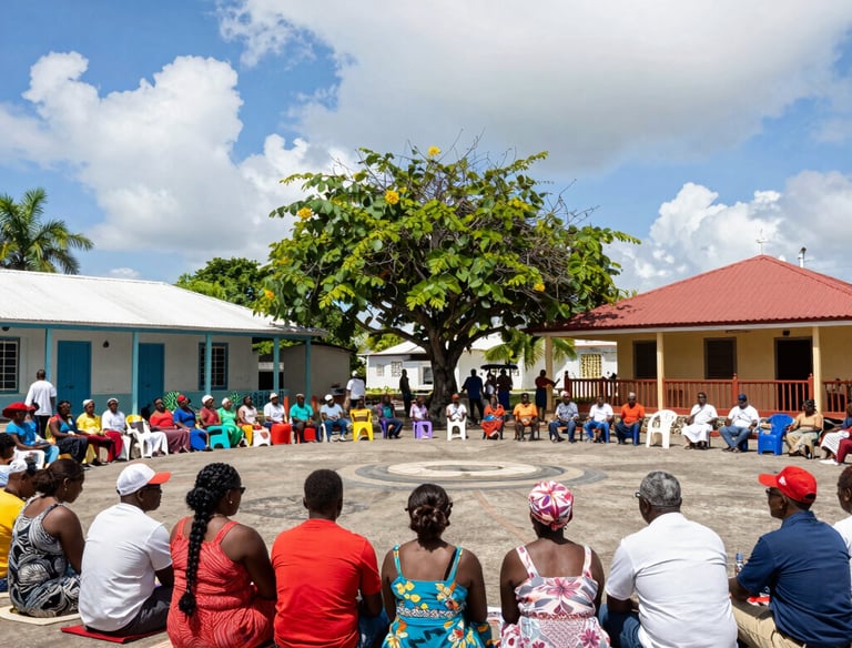 Community members gathered in a town hall meeting discussing local governance.