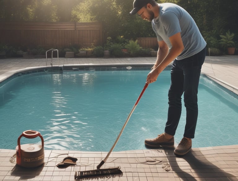 A pool technician repairing a pool pump beside a serene Paros villa.