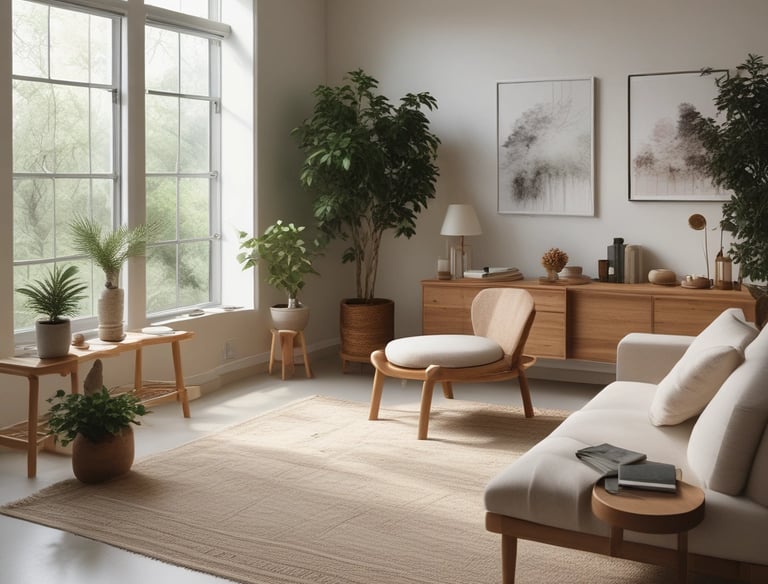 A cozy corner with a journal, a cup of herbal tea, and a small potted plant.