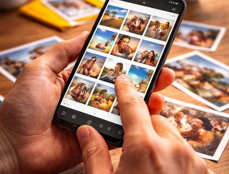 Person scrolling through travel photos on a smartphone gallery app with printed polaroids on a wooden table.