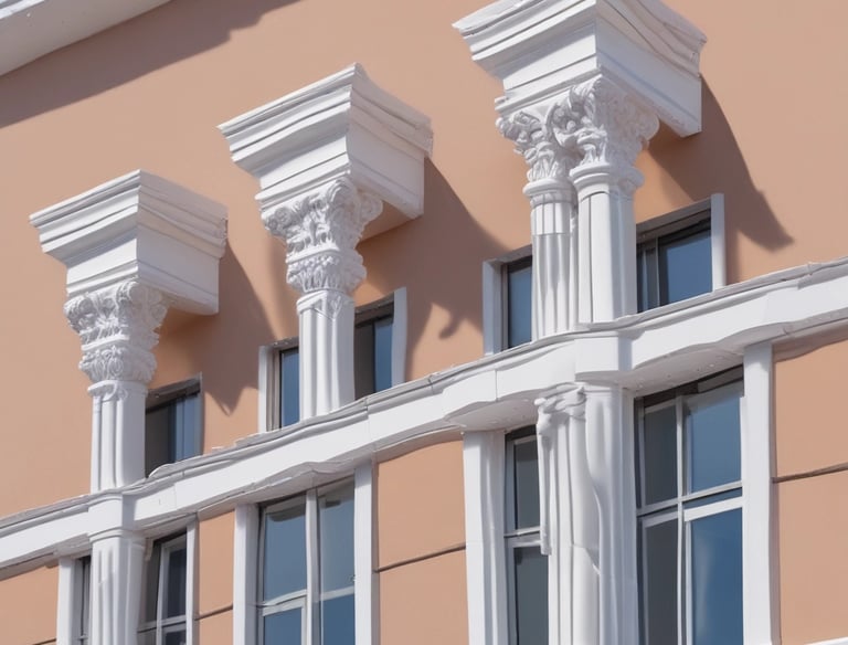 Technician measuring and marking building facade for EPS cornice installation.