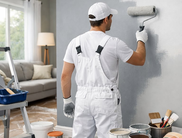 Professional house painter in white overalls using a roller to apply gray paint to a living room wall.