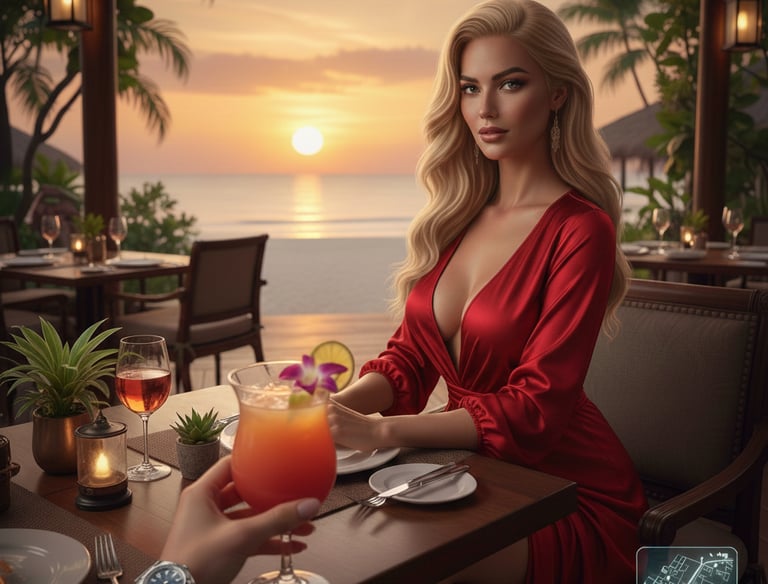 POV immersive experience of a luxury tropical dinner at sunset, virtual trip travel perspective with