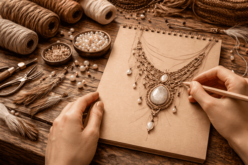 Artista dibujando el diseño de un collar de macramé hecho a mano con perlas y cuerda