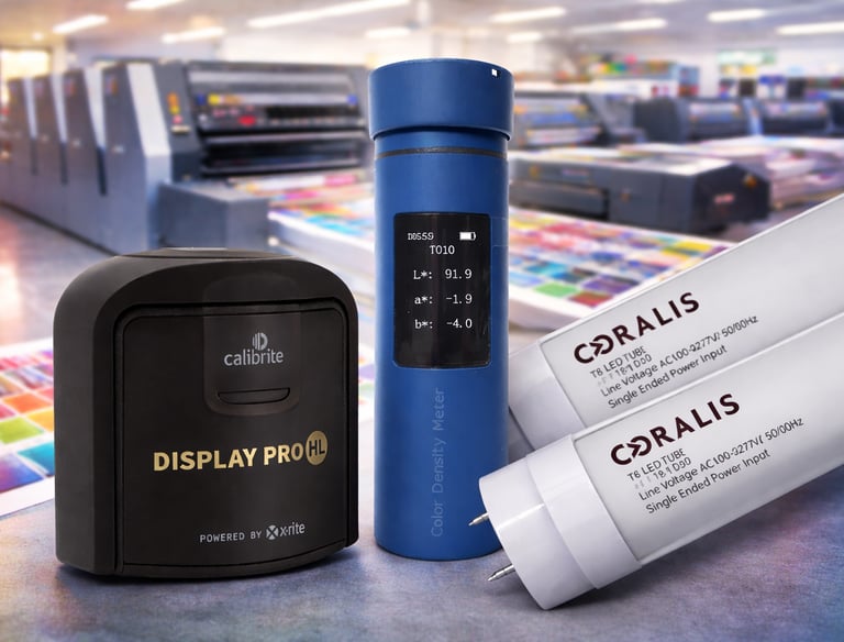 Calibrite Display Pro HL y tubos LED Coralis T8 para la gestión profesional del color de impresión.