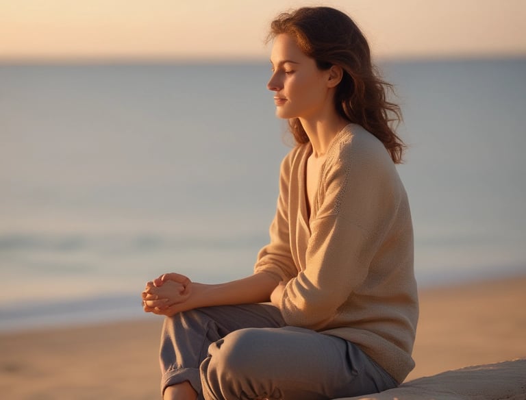 A serene person meditating outdoors surrounded by soft sunlight.