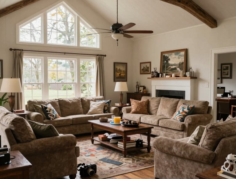 A bright, tidy living room with neatly organized shelves and a welcoming atmosphere.