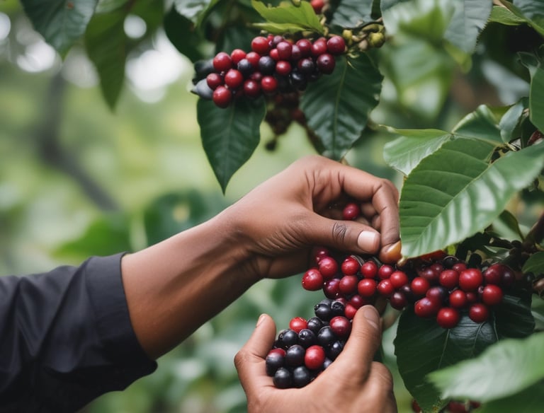Photo of Ugandan farmers handpicking ripe coffee cherries in a lush rural setting.