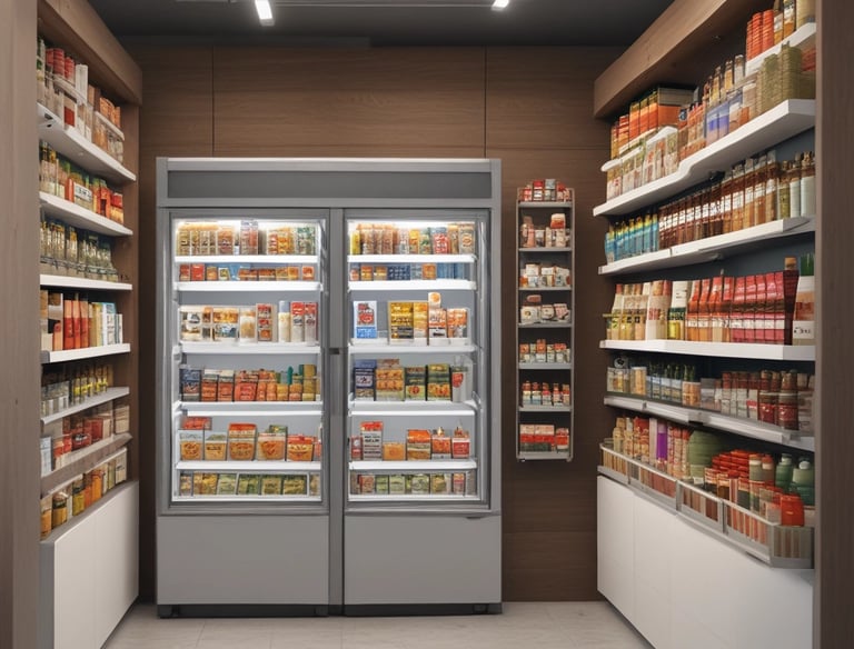 Modern autonomous market kiosk installed inside a condominium lobby.