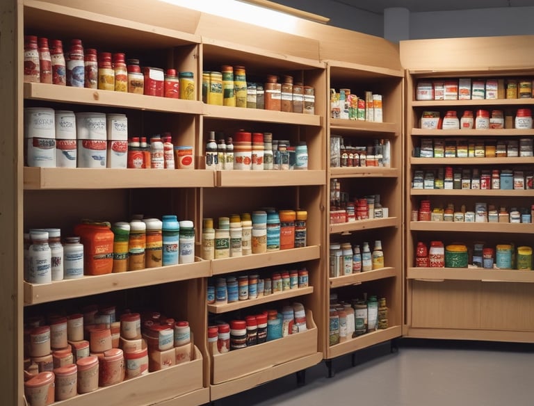 Bright and clean interior of the autonomous market with stocked shelves.