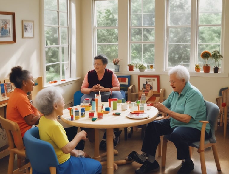Elderly people enjoying group activities in a bright, welcoming day care room.