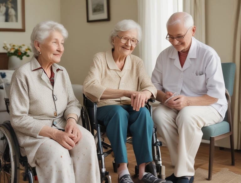 A caring nurse assisting an elderly person recovering after surgery in a cozy room.