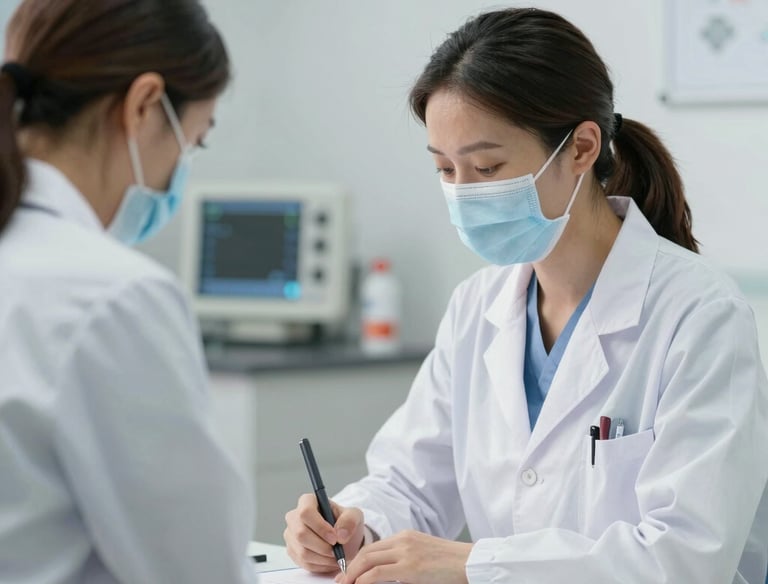 A doctor reviewing a heart scan on a digital tablet in a bright clinic.