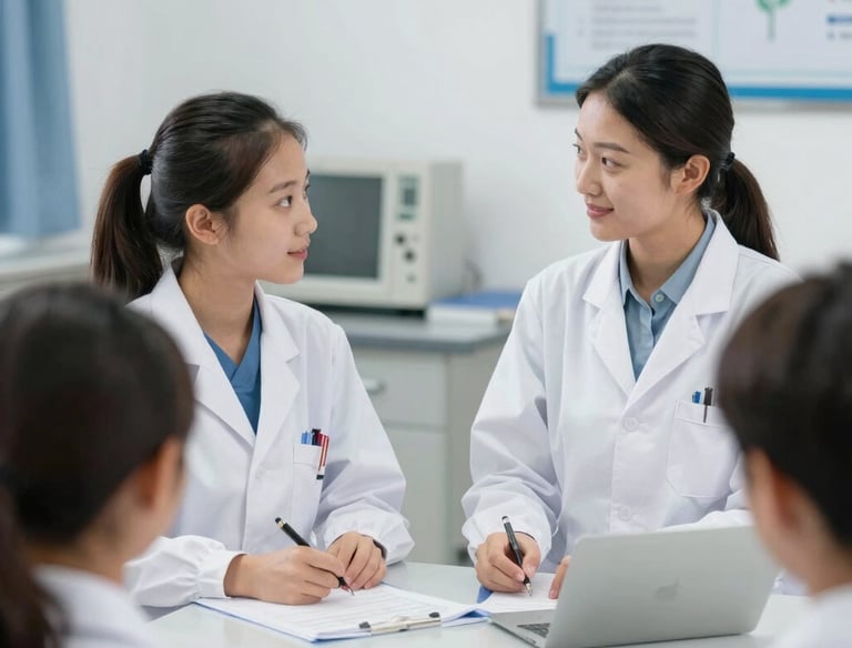 Medical students studying anatomy charts together in a bright classroom.