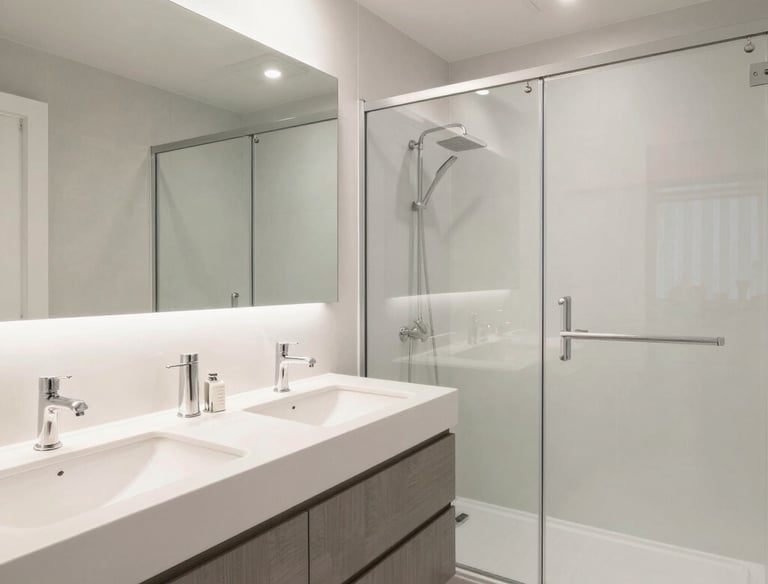 A bright bathroom with new lighting and a spacious walk-in shower.