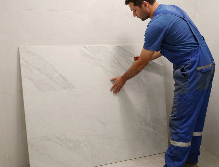 Close-up of hands installing elegant tile work in a shower area.