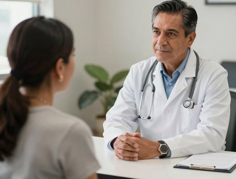 Close-up of a medical professional comforting a patient in a bright clinic.