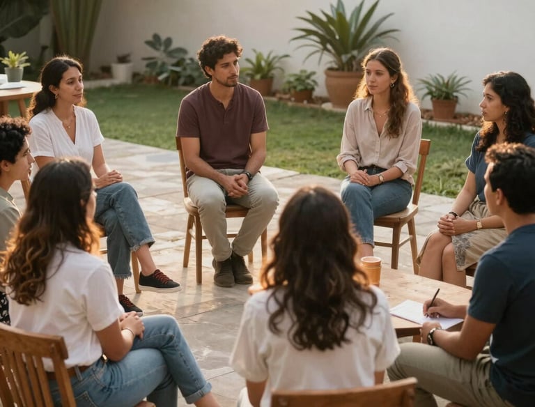 A serene therapy room with soft lighting and comfortable seating for individual sessions.