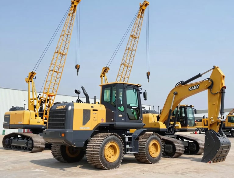 Construction machinery such as loaders and cranes operating on a busy road construction site.