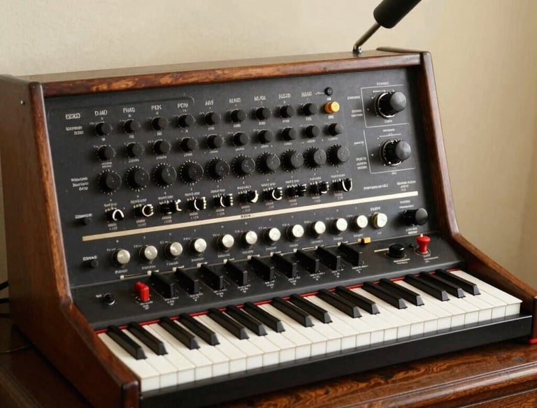 Vintage analog synthesizer with wooden casing, control knobs, and keys on a desk.