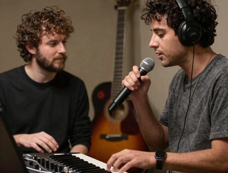 A musician wearing headphones sings into a microphone while playing a keyboard in a recording studio.