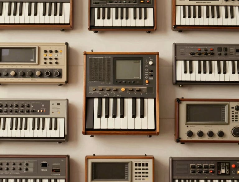 A collection of vintage analog synthesizers and electronic keyboards with wooden frames and knobs.