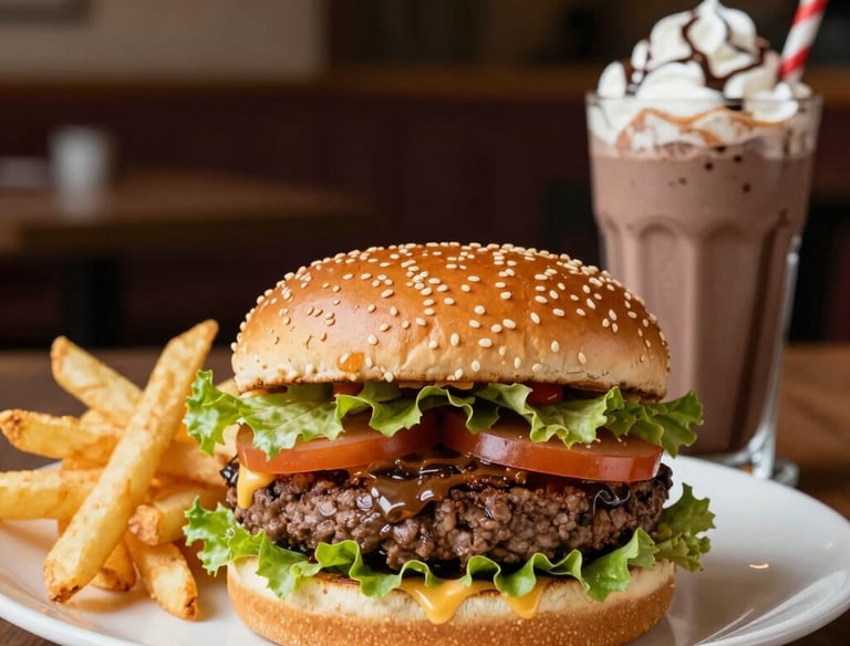 A juicy cheeseburger with crispy fries on a rustic wooden table.