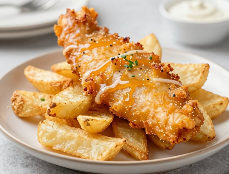 A plate of crispy fish and chips with tartar sauce and lemon wedges.