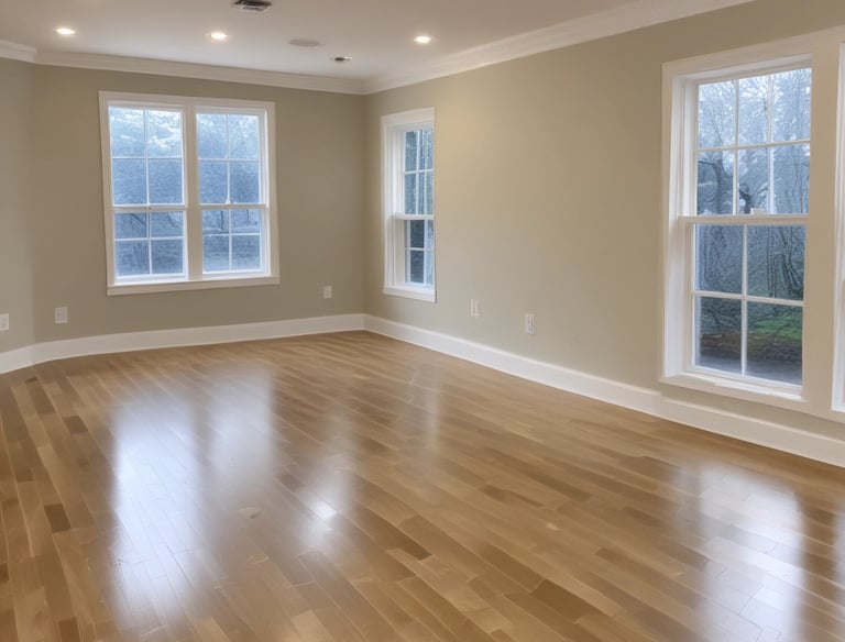 A freshly painted cozy living room with soft neutral walls and bright natural light.