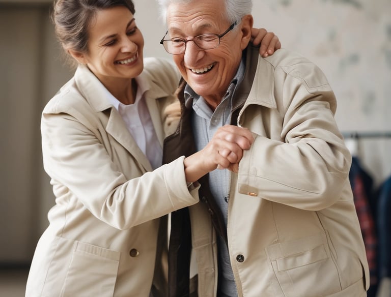 Cozy living room with warm lighting and comfortable seating in a senior group home.
