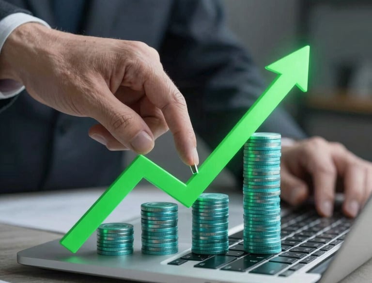 Abstract digital currency networks glowing softly in emerald and gold hues on a blurred finance center backdrop.