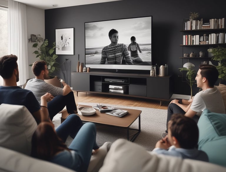 A friendly group of diverse adults smiling together in a cozy shared living room.