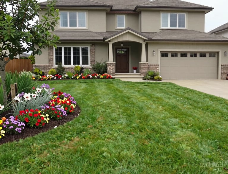 A freshly mowed lawn with clear, neat edges under bright sunlight.