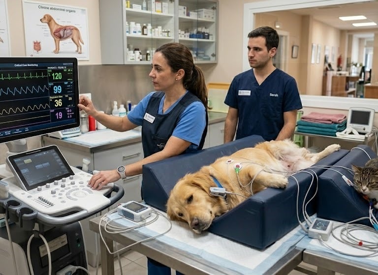 Veterinarians monitor vital signs of a Golden Retriever and a cat on an ultrasound machine in a vet clinic.