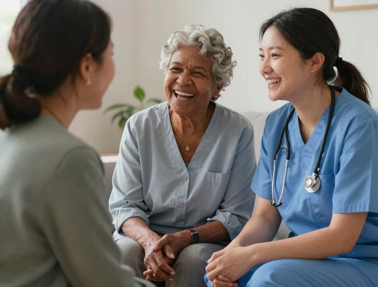 A friendly caregiver sitting and sharing a laugh with an elderly man in a cozy living room.