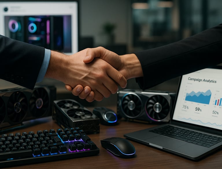 Business handshake in front of PC hardware and campaign screen symbolizing brand partnership