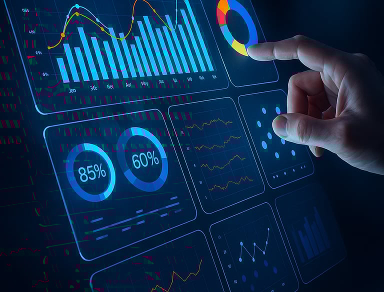 Hand pointing at digital analytics dashboard showing campaign performance charts and metrics